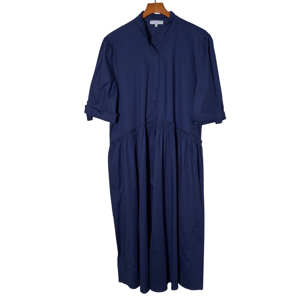 Taylor Tillman Liza Dress XL‎ Navy Cotton Poplin Midi Shirt Dress Roll Tab